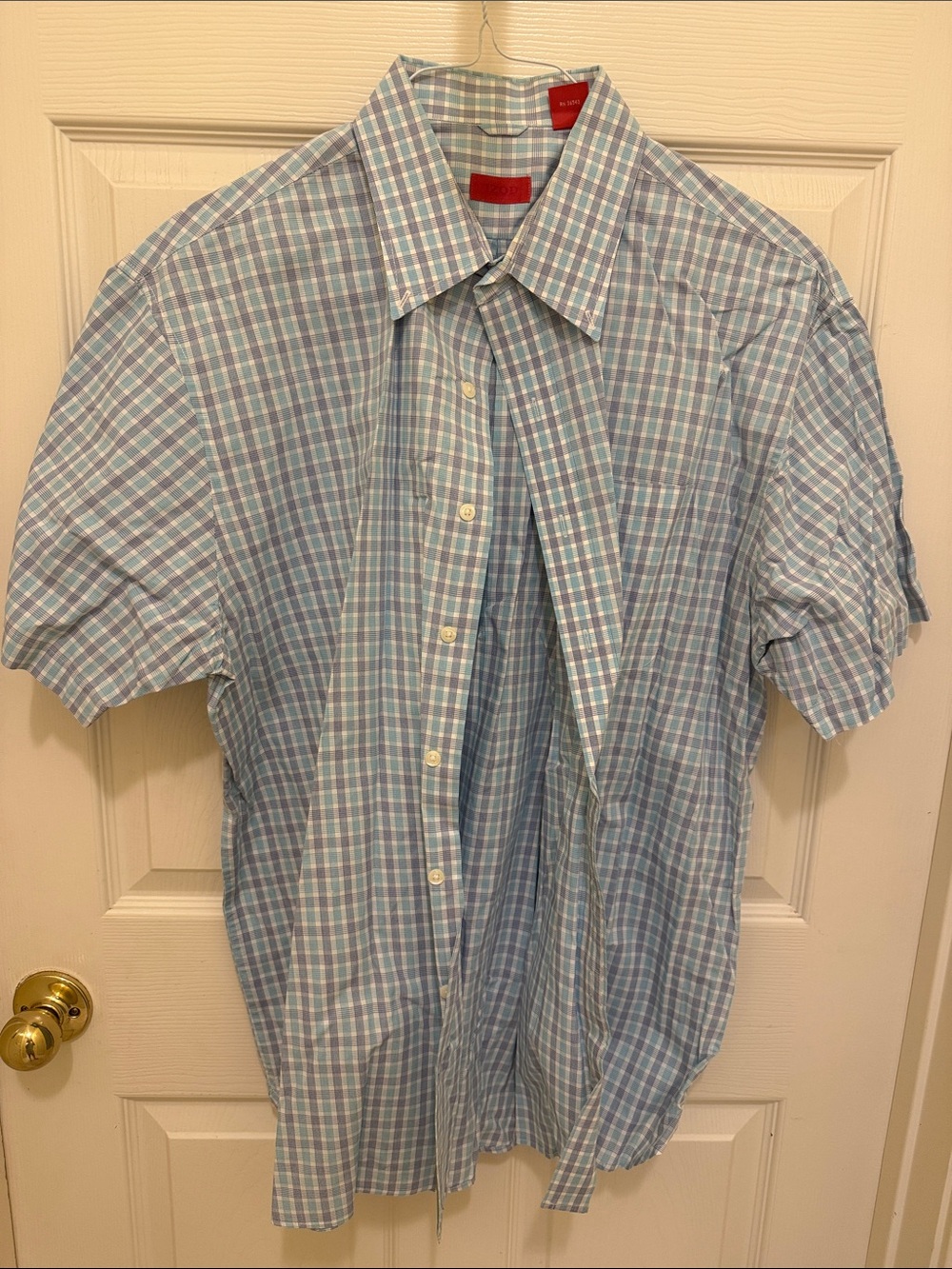 Izod Blue and White Plaid Short-Sleeve Button-Down Shirt